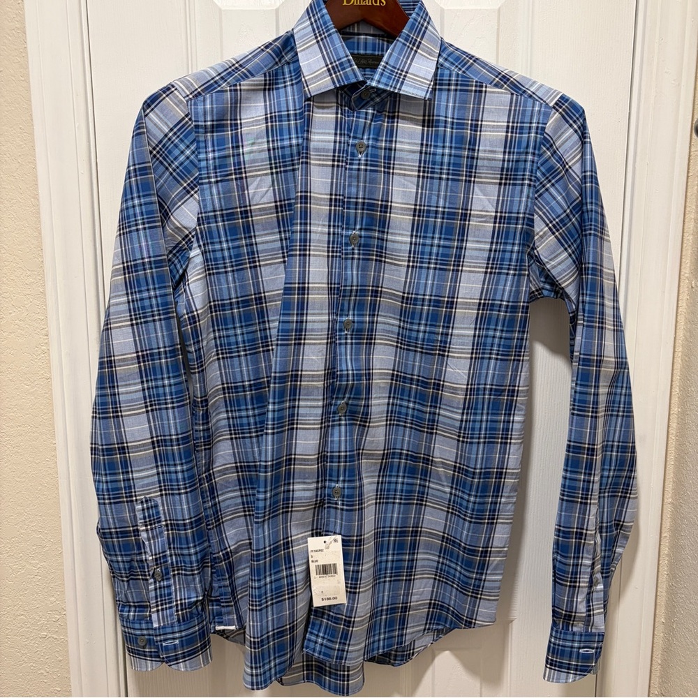 Saks Fifth Avenue Blue and White Plaid Men's Shirt Size S